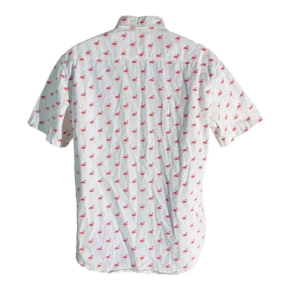 PUBLIC‎ ART Men's Short Sleeve Button Down Flamingo Shirt White Large